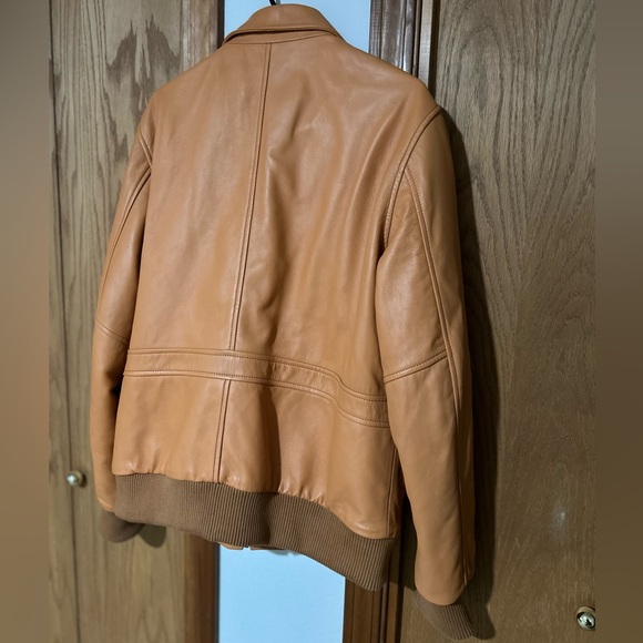 Men's Tan Leather Bomber Jacket - Picture 2 of 7